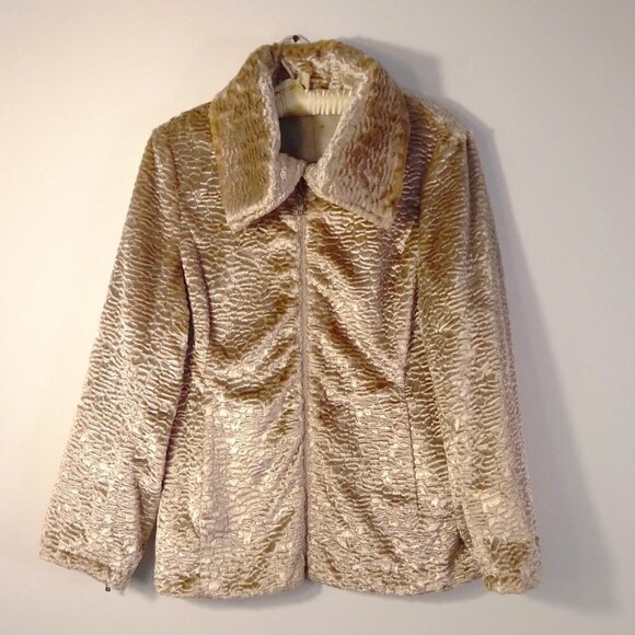 Vintage Glam Golden Champagne Faux Fur Persian Lamb Reversible Rain Jacket SzPS - Picture 1 of 13